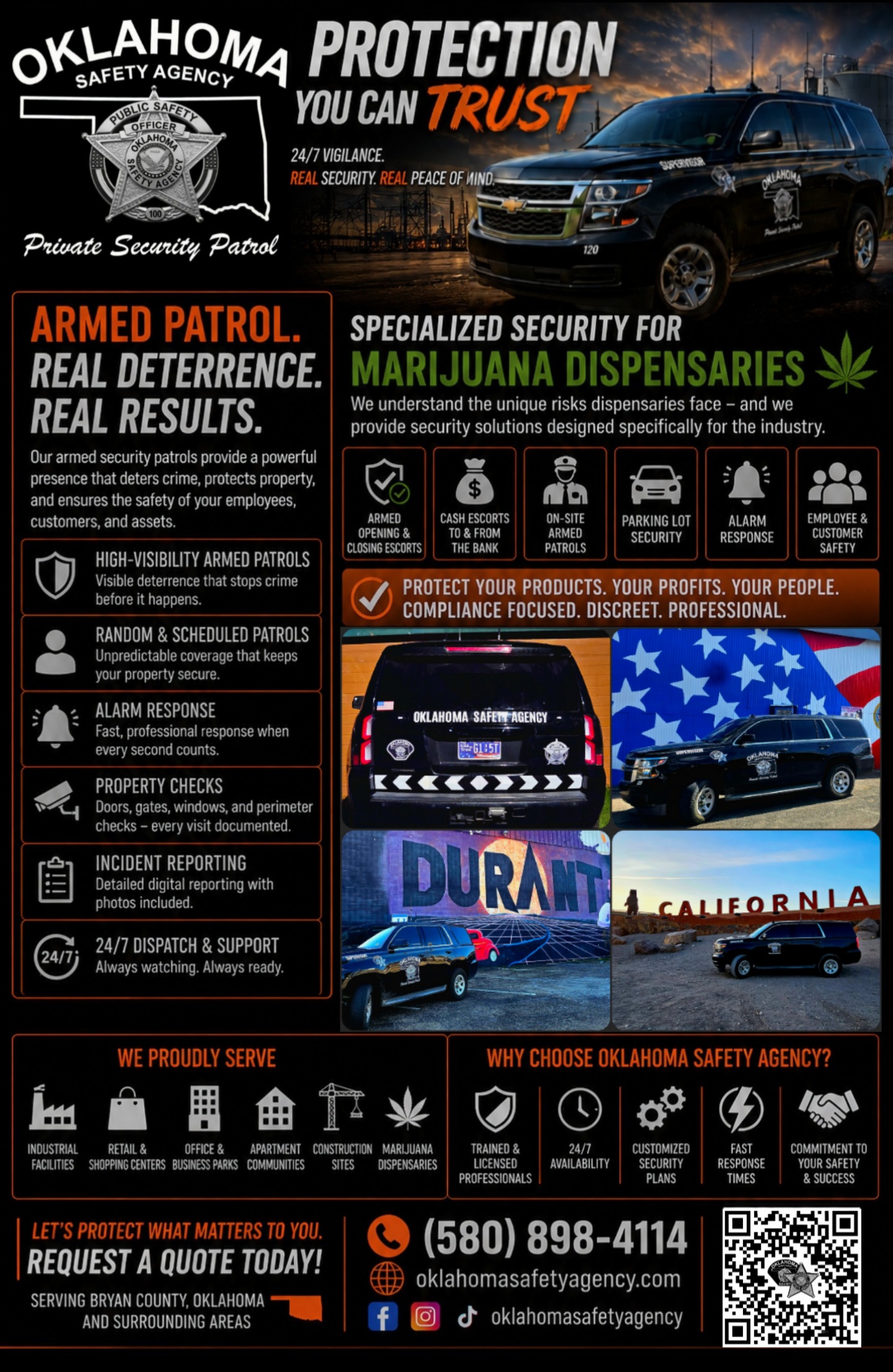 Oklahoma Safety Agency brochure detailing armed patrol services, specialized security for marijuana dispensaries, the industries served, and contact information